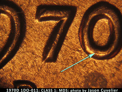 Die-stage B marker on 1970D•1DO•011 (1970 Doubled Die Obverse).