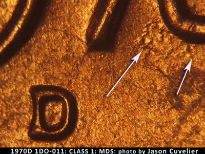Die-stage B marker on 1970D•1DO•011 (1970 Doubled Die Obverse).