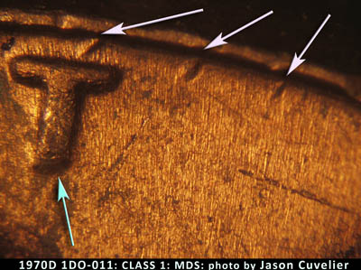 Die-stage B marker on 1970D•1DO•011 (1970 Doubled Die Obverse).