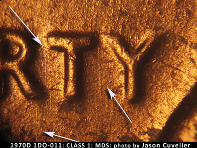 Die-stage B marker on 1970D•1DO•011 (1970 Doubled Die Obverse).