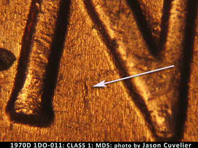 Die-stage B marker on 1970D•1DO•011 (1970 Doubled Die Obverse).