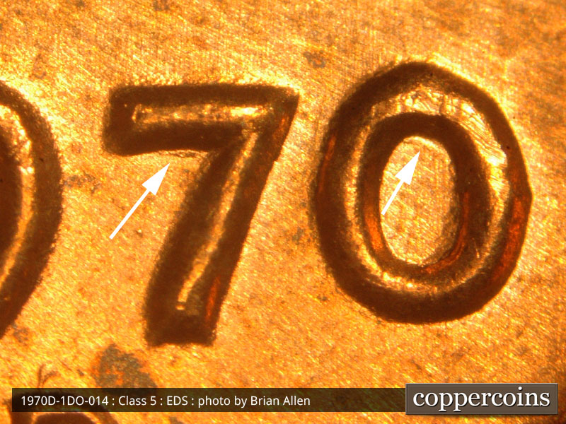 Die-stage A marker on 1970D•1DO•014 (1970 Doubled Die Obverse).