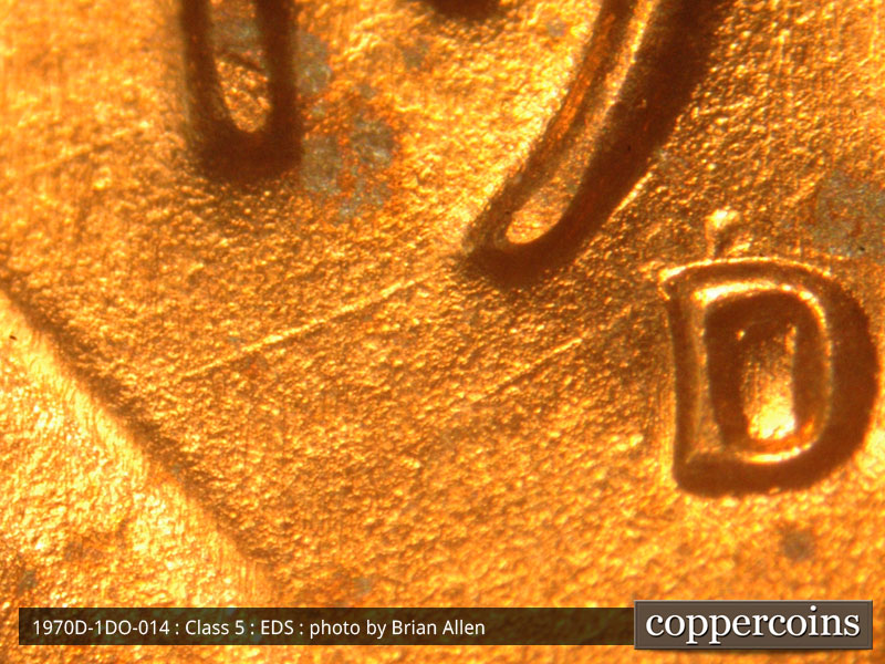 Die-stage A marker on 1970D•1DO•014 (1970 Doubled Die Obverse).