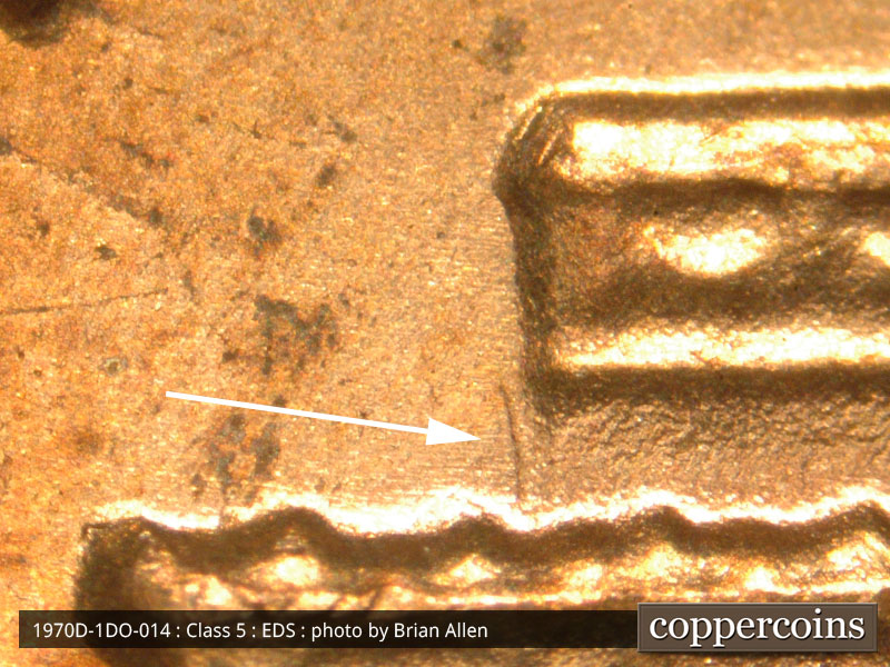 Die-stage A marker on 1970D•1DO•014 (1970 Doubled Die Obverse).