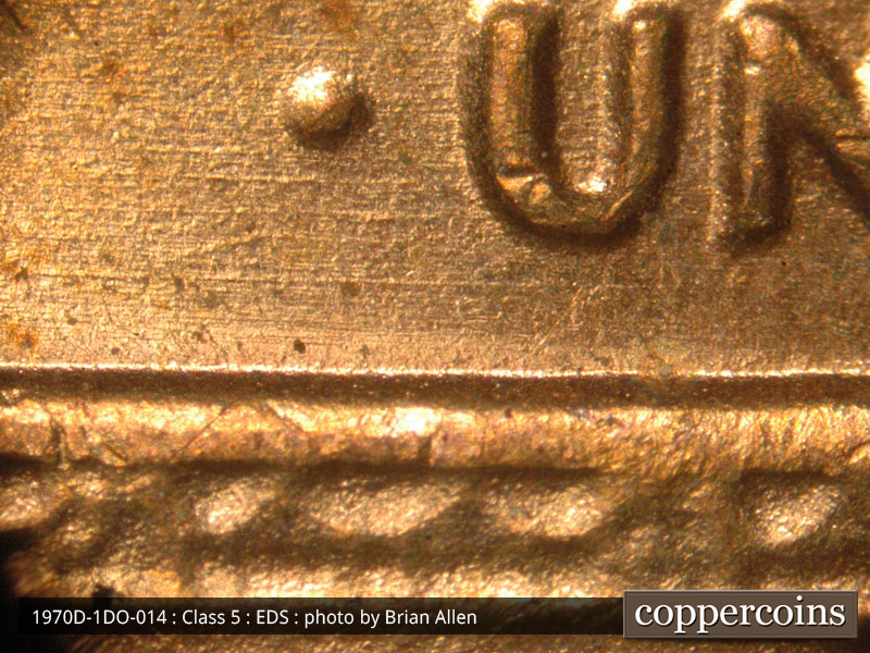 Die-stage A marker on 1970D•1DO•014 (1970 Doubled Die Obverse).