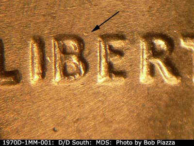 Die-stage B marker on 1970D•1MM•001 (1970 Repunched Mint Mark).