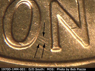 Die-stage B marker on 1970D•1MM•001 (1970 Repunched Mint Mark).