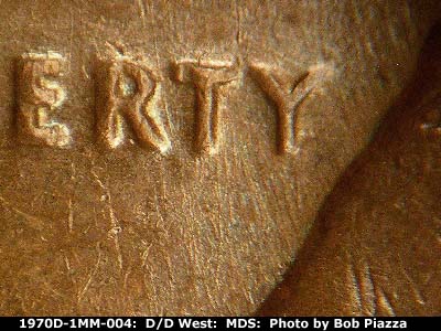 Die-stage B marker on 1970D•1MM•004 (1970 Repunched Mint Mark).