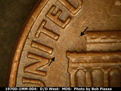 Die-stage B marker on 1970D•1MM•004 (1970 Repunched Mint Mark).