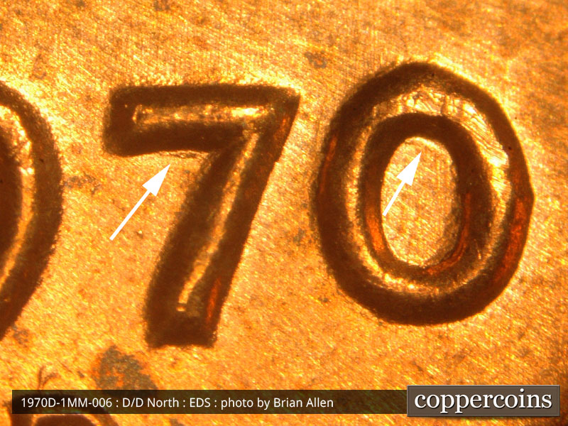 Die-stage A marker on 1970D•1MM•006 (1970 Repunched Mint Mark).