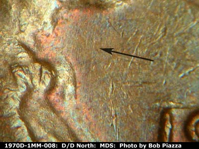 Die-stage B marker on 1970D•1MM•008 (1970 Repunched Mint Mark).