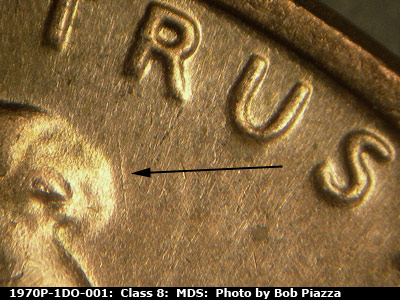 Die-stage B marker on 1970P•1DO•001 (1970 Doubled Die Obverse).