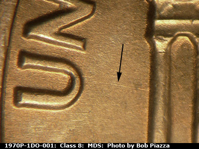Die-stage B marker on 1970P•1DO•001 (1970 Doubled Die Obverse).