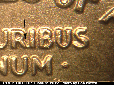 Die-stage B marker on 1970P•1DO•001 (1970 Doubled Die Obverse).