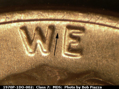 Die-stage B marker on 1970P•1DO•002 (1970 Doubled Die Obverse).