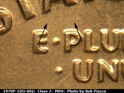 Die-stage B marker on 1970P•1DO•002 (1970 Doubled Die Obverse).