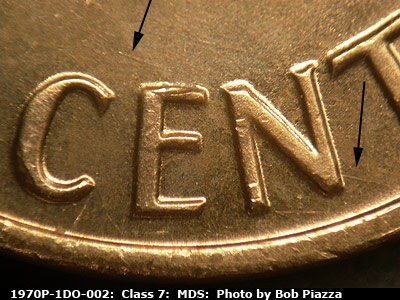 Die-stage B marker on 1970P•1DO•002 (1970 Doubled Die Obverse).