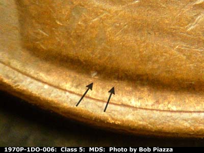 Die-stage B marker on 1970P•1DO•006 (1970 Doubled Die Obverse).