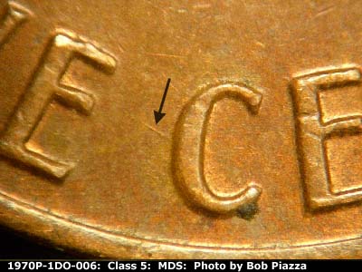 Die-stage B marker on 1970P•1DO•006 (1970 Doubled Die Obverse).