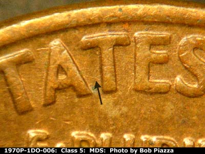 Die-stage B marker on 1970P•1DO•006 (1970 Doubled Die Obverse).