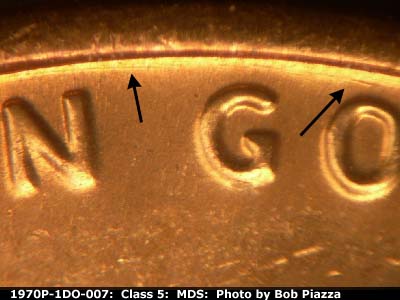 Die-stage B marker on 1970P•1DO•007 (1970 Doubled Die Obverse).