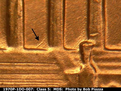 Die-stage B marker on 1970P•1DO•007 (1970 Doubled Die Obverse).