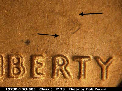 Die-stage B marker on 1970P•1DO•009 (1970 Doubled Die Obverse).