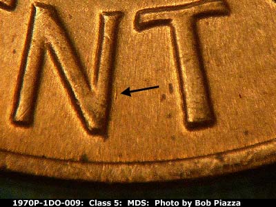 Die-stage B marker on 1970P•1DO•009 (1970 Doubled Die Obverse).