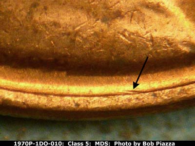 Die-stage B marker on 1970P•1DO•010 (1970 Doubled Die Obverse).
