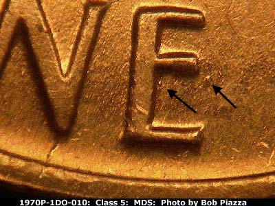 Die-stage B marker on 1970P•1DO•010 (1970 Doubled Die Obverse).