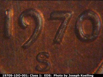 Die-stage A marker on 1970S•1DO•001 (1970 Doubled Die Obverse).