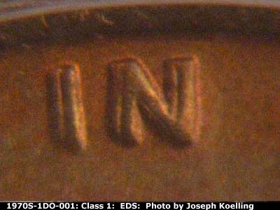 Die-stage A marker on 1970S•1DO•001 (1970 Doubled Die Obverse).
