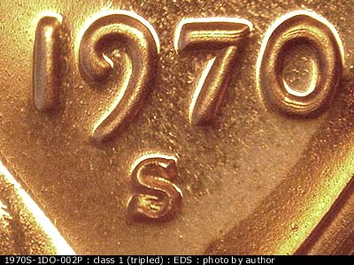 Die-stage A marker on 1970S•1DO•002P (1970 Doubled Die Obverse).