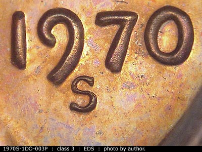 Die-stage A marker on 1970S•1DO•003P (1970 Doubled Die Obverse).