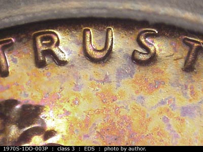 Die-stage A marker on 1970S•1DO•003P (1970 Doubled Die Obverse).