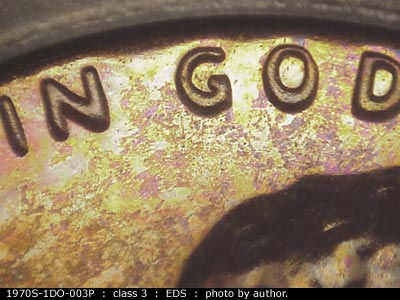 Die-stage A marker on 1970S•1DO•003P (1970 Doubled Die Obverse).