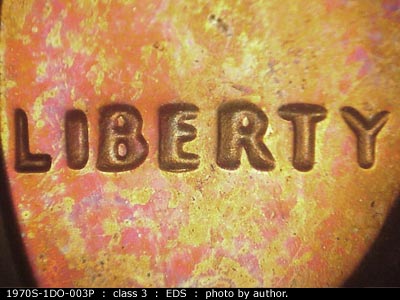 Die-stage A marker on 1970S•1DO•003P (1970 Doubled Die Obverse).