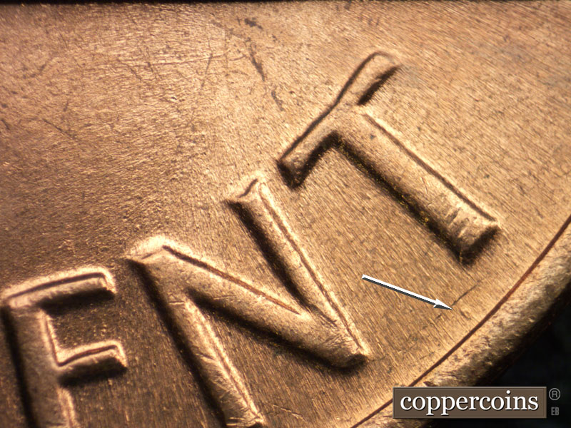 Die-stage B marker on 1970S•1DO•004 (1970 Doubled Die Obverse).