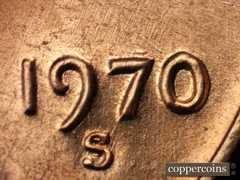 Die-stage A marker on 1970S•1DO•006 (1970 Doubled Die Obverse).