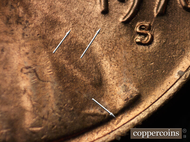 Die-stage A marker on 1970S•1DO•006 (1970 Doubled Die Obverse).