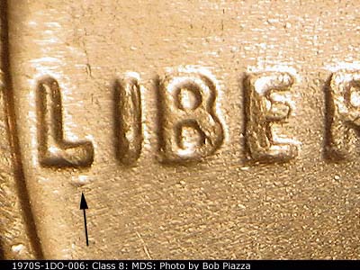 Die-stage B marker on 1970S•1DO•006 (1970 Doubled Die Obverse).