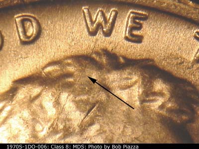 Die-stage B marker on 1970S•1DO•006 (1970 Doubled Die Obverse).