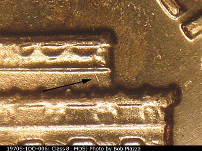 Die-stage B marker on 1970S•1DO•006 (1970 Doubled Die Obverse).