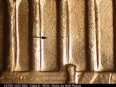 Die-stage B marker on 1970S•1DO•006 (1970 Doubled Die Obverse).
