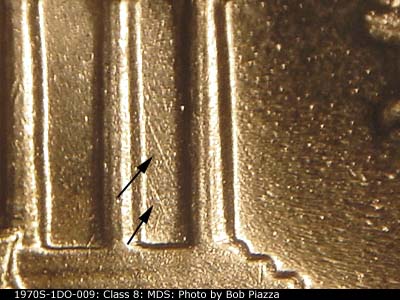 Die-stage B marker on 1970S•1DO•009 (1970 Doubled Die Obverse).