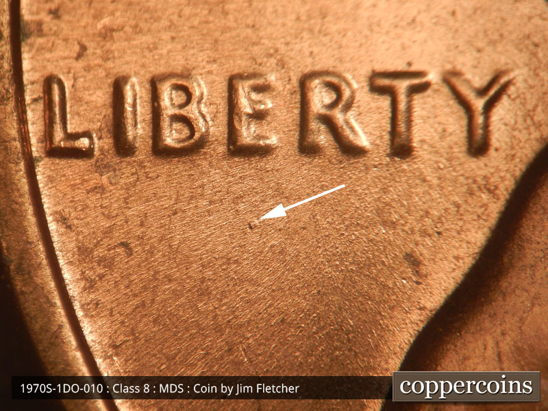 Die-stage B marker on 1970S•1DO•010 (1970 Doubled Die Obverse).