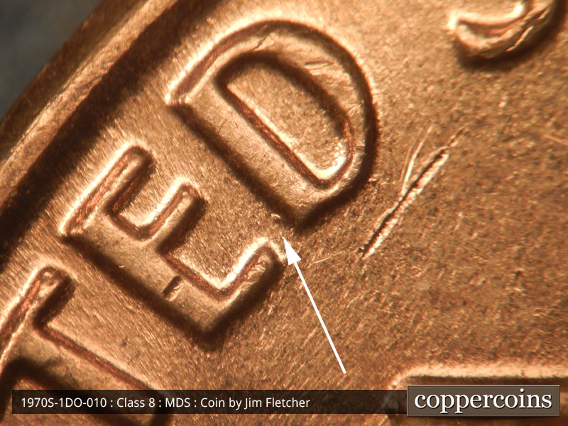 Die-stage B marker on 1970S•1DO•010 (1970 Doubled Die Obverse).