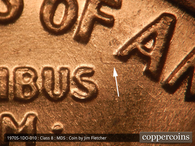 Die-stage B marker on 1970S•1DO•010 (1970 Doubled Die Obverse).