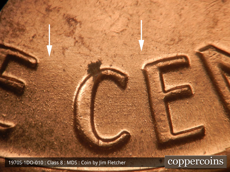 Die-stage B marker on 1970S•1DO•010 (1970 Doubled Die Obverse).