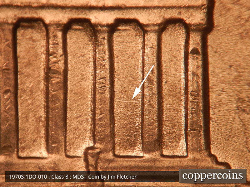 Die-stage B marker on 1970S•1DO•010 (1970 Doubled Die Obverse).